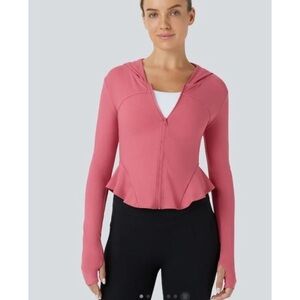 Softlyzero™ Zipper Long Sleeve Thumb Hole Ruffle Hem Hooded Slim Yoga Jacket XS